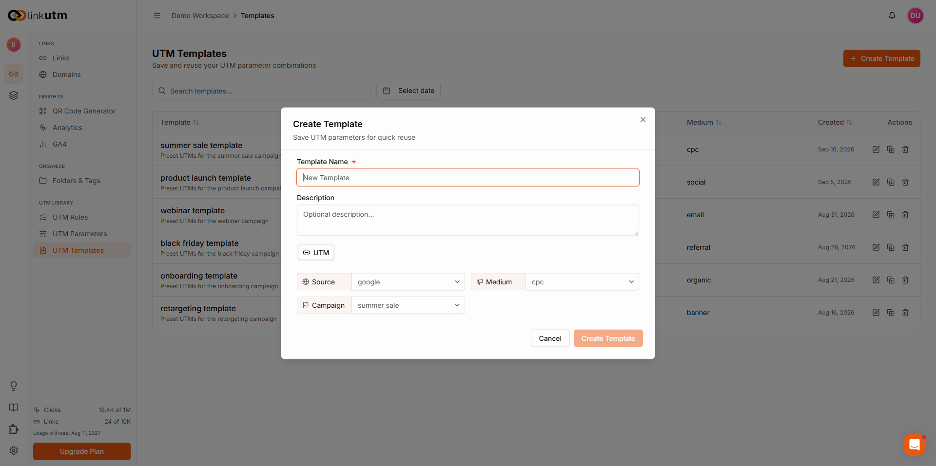 Create Template modal - Template Name, Campaign, Description, Source, Medium, Term, Content fields