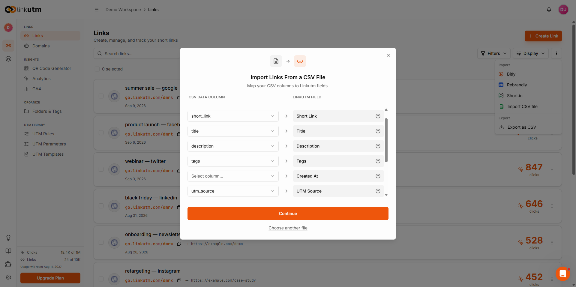 CSV Import step 2 - column mapping view where CSV columns are mapped to linkutm UTM fields, with Preview and check conflicts button