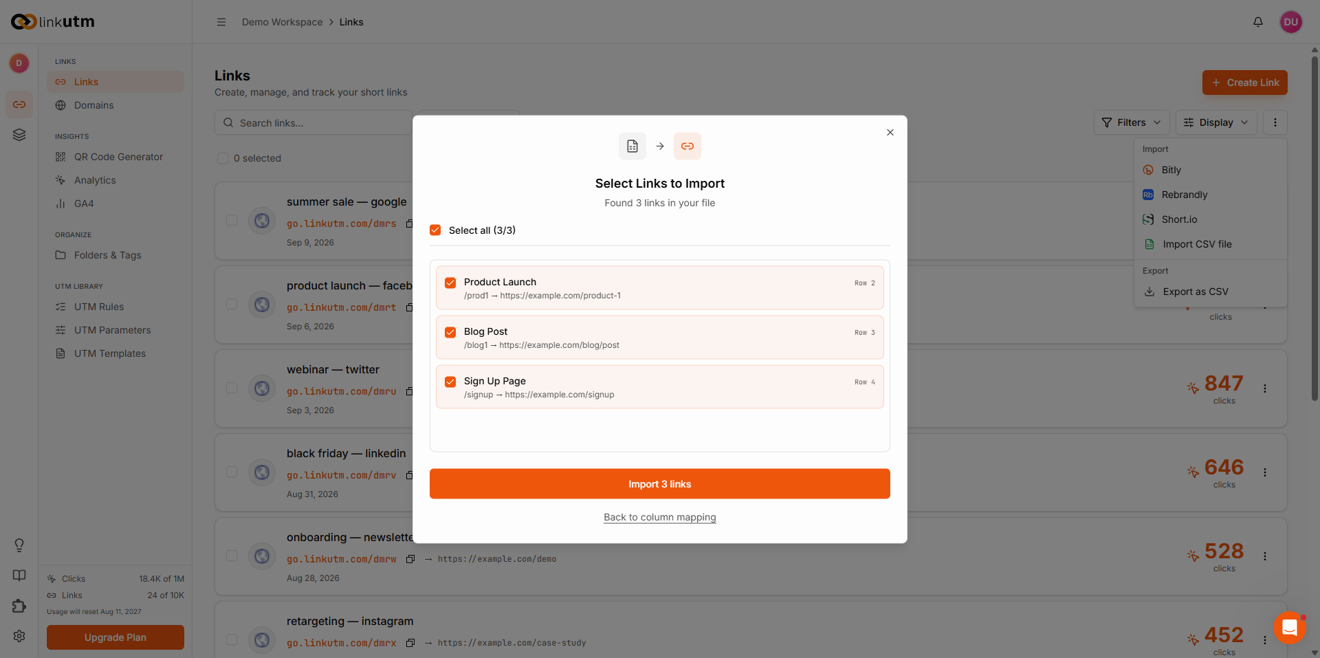CSV Import step 3 - review screen showing 25 links, 0 conflicts, Ready status, and Import 25 ready links button