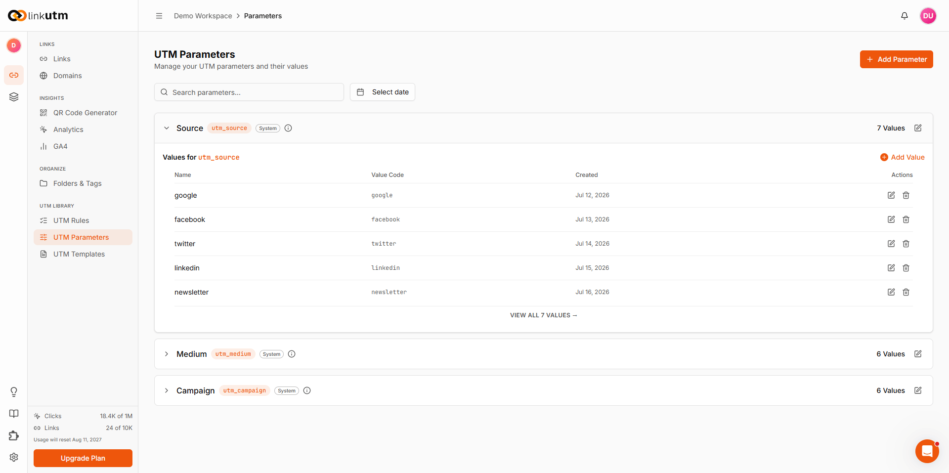 UTM Parameters page - five system parameters on the left, Source values list on the right (Google, Facebook, Twitter, LinkedIn, and more)