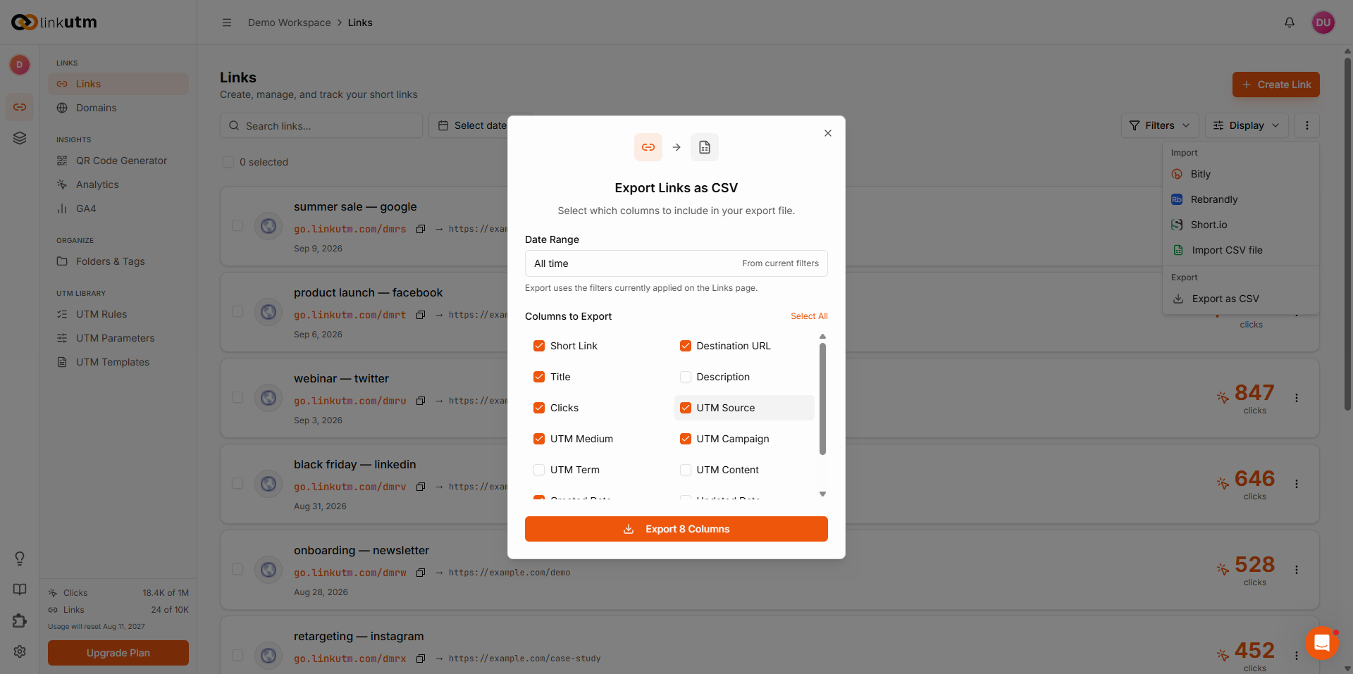 Export as CSV modal - Date Range picker and column checkboxes (Title, Clicks, UTM fields, Created Date, Tags, Folder) with Export button