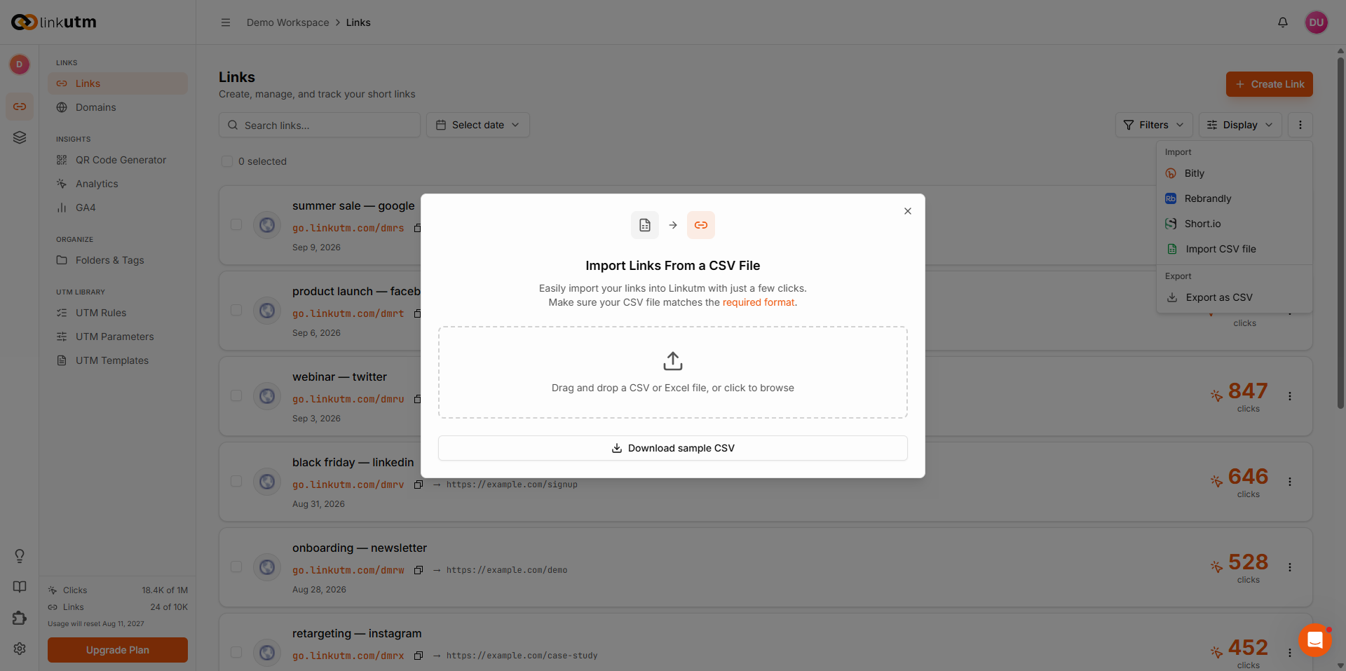 CSV Import step 1 - drag-and-drop upload area with Download sample CSV button