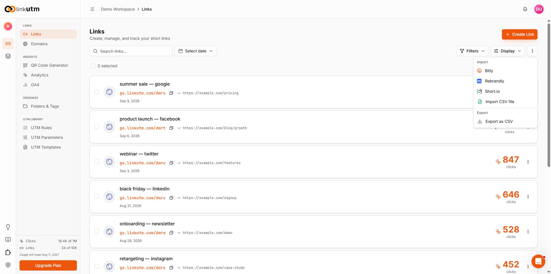Import/Export dropdown - Import options (Bitly, Rebrandly, Short.io, CSV) and Export as CSV