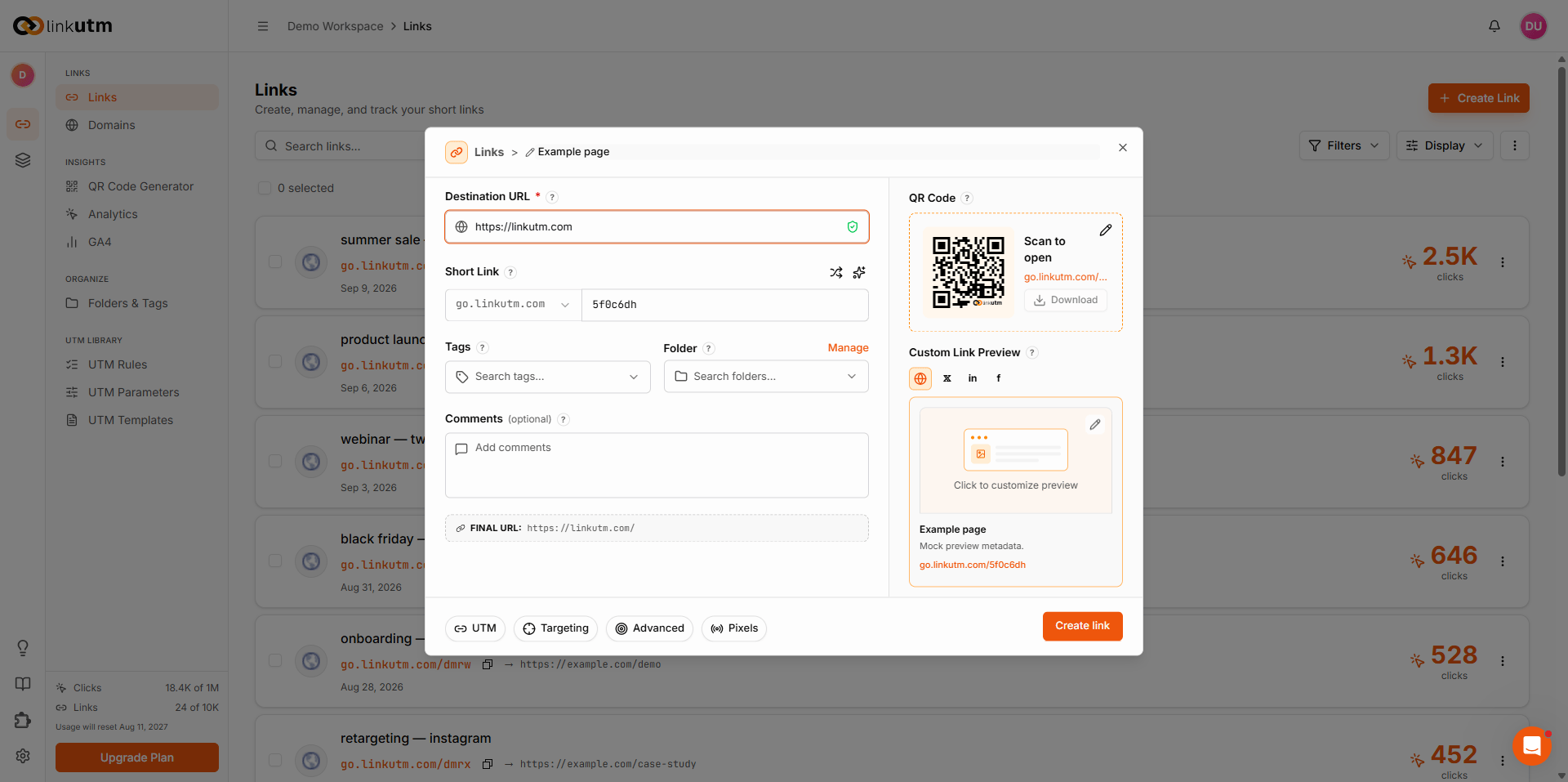 Link creation modal with UTM, Advanced, QR Code, Pixels, and Targeting tabs in the bottom bar