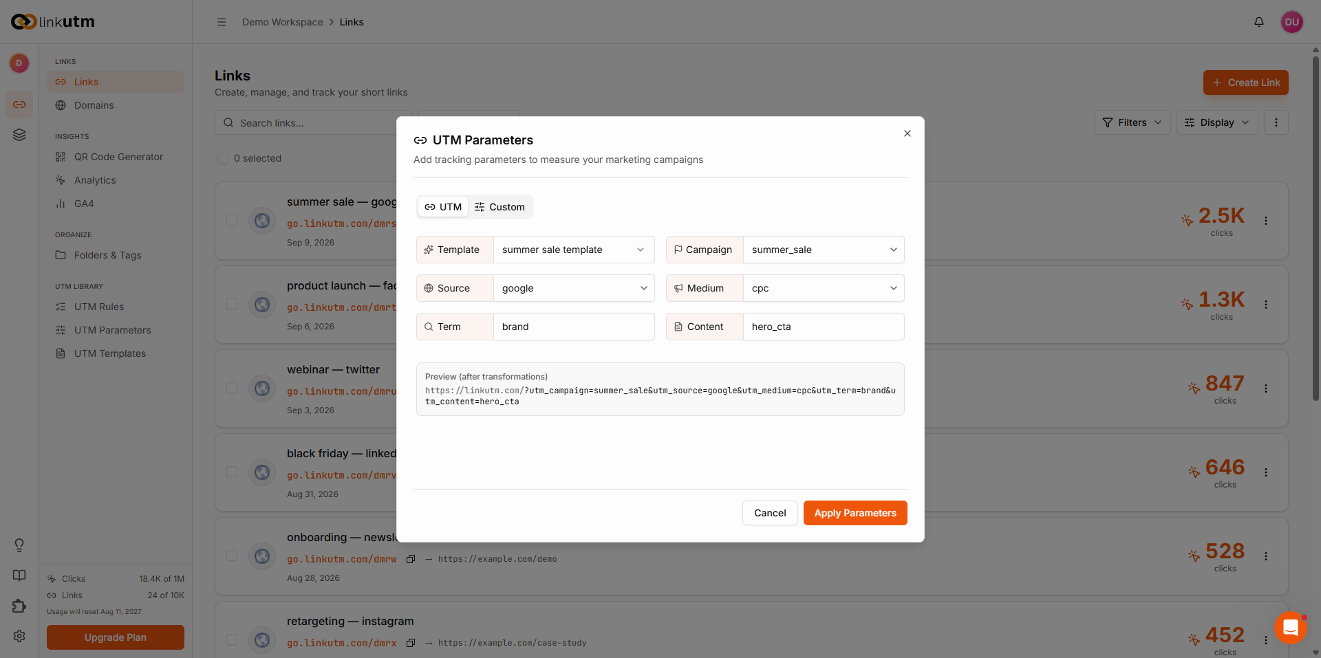 UTM Parameters modal - Quick Apply Template dropdown with Source, Medium, Campaign, Term, Content fields and live preview of the final UTM string