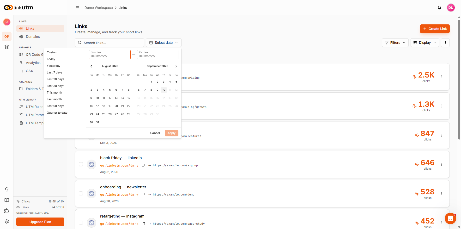 Date range picker - preset options list alongside a dual-month calendar for custom date ranges