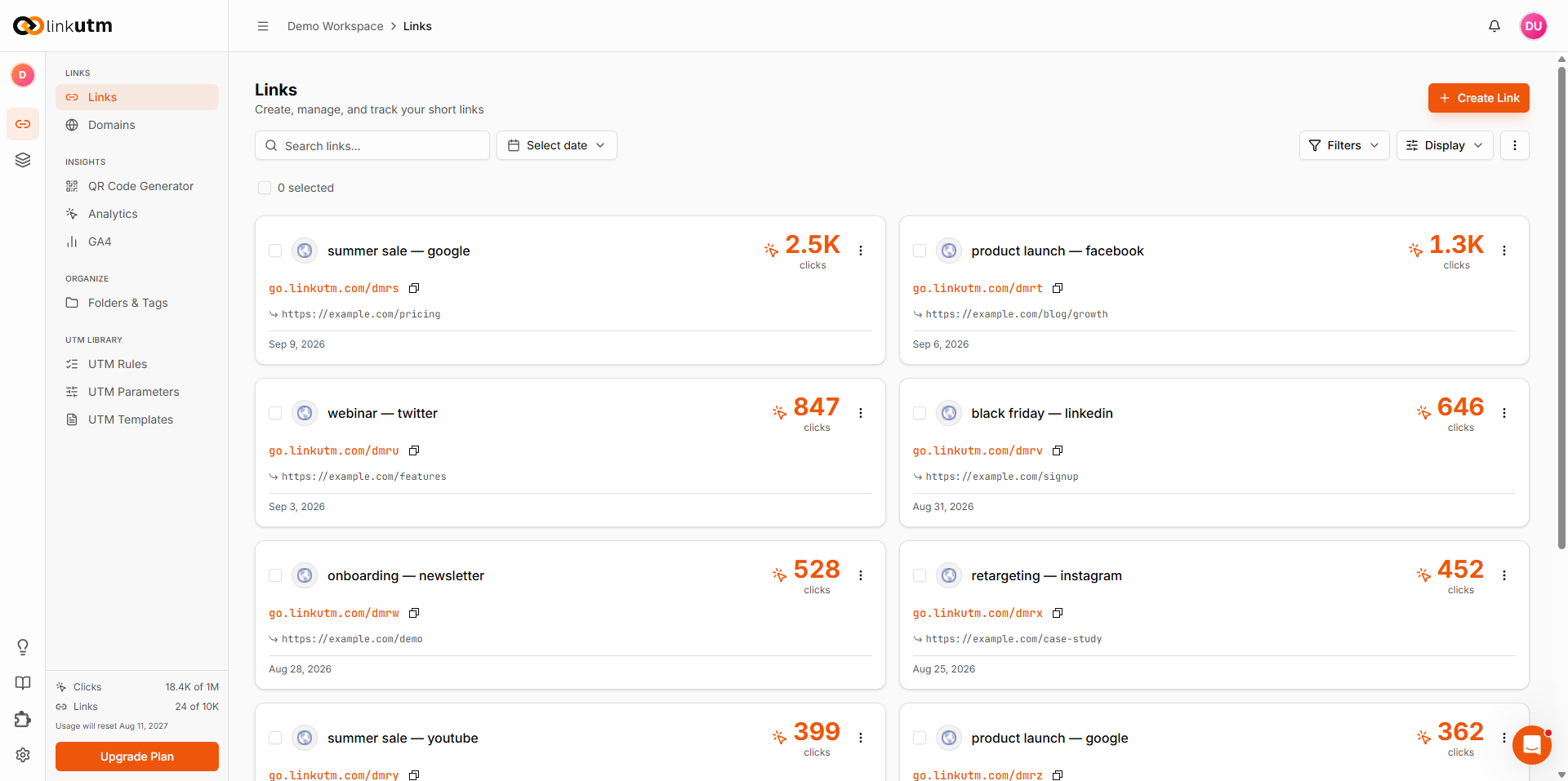 Links dashboard - card/grid view showing the same links as cards with click counts