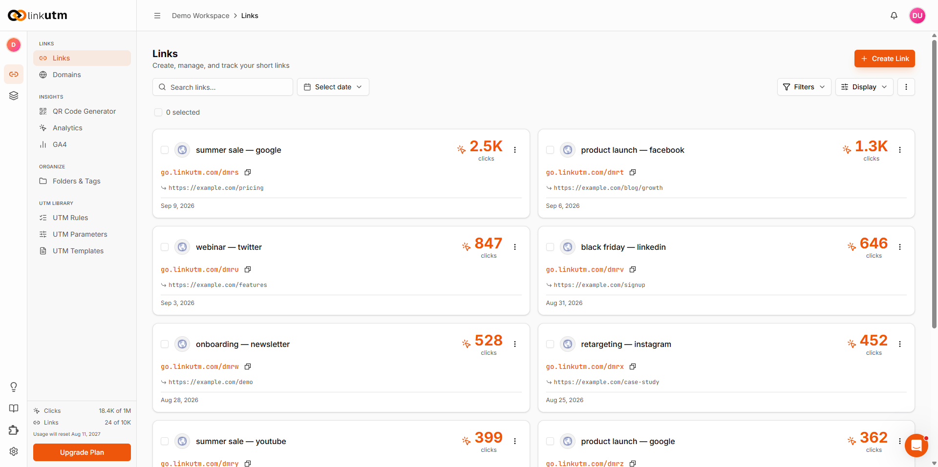 Links dashboard - card/grid view showing the same links as cards with click counts