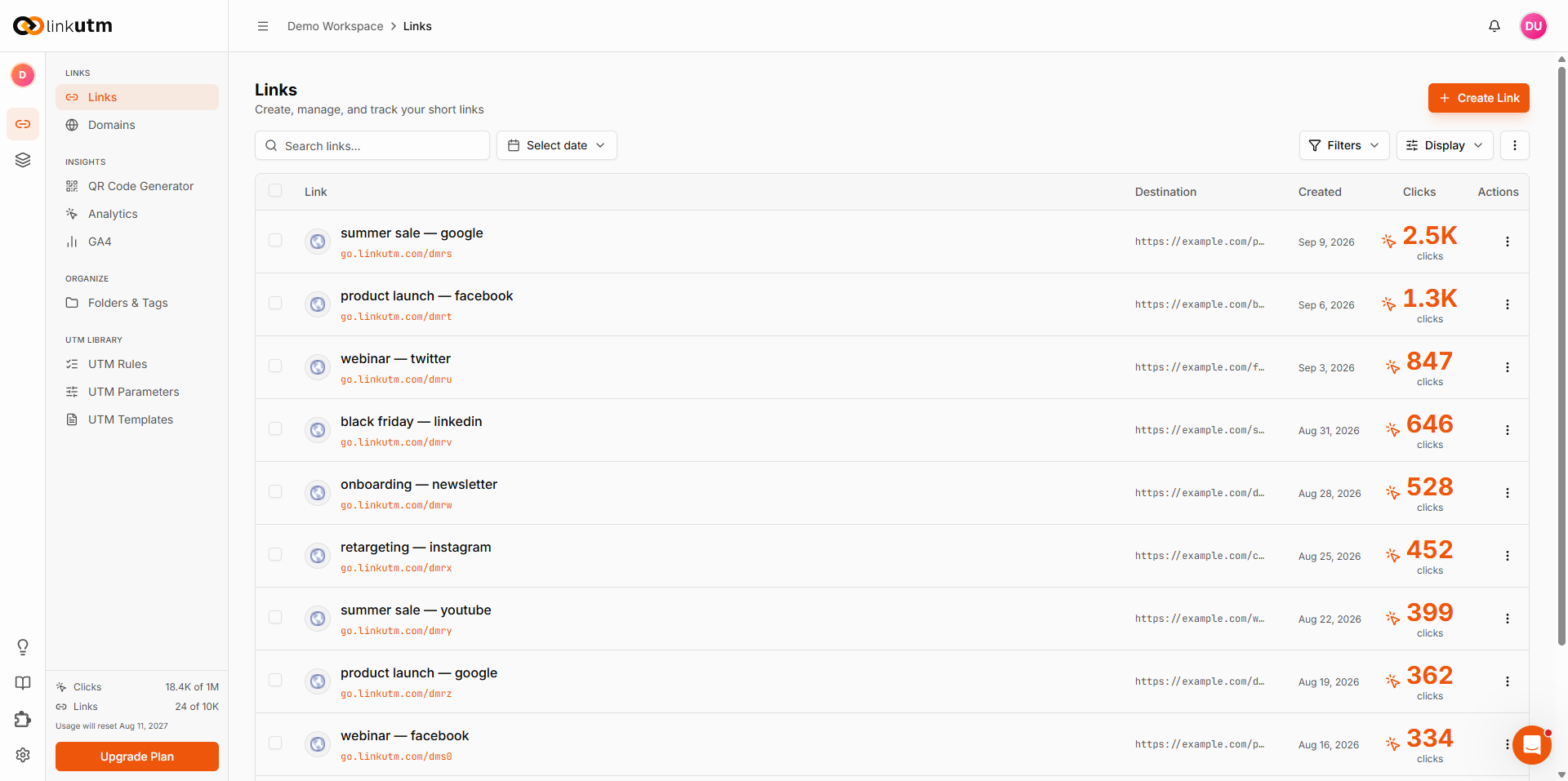 Links dashboard - list view showing Link title, short URL, destination, tags, click count, and created date