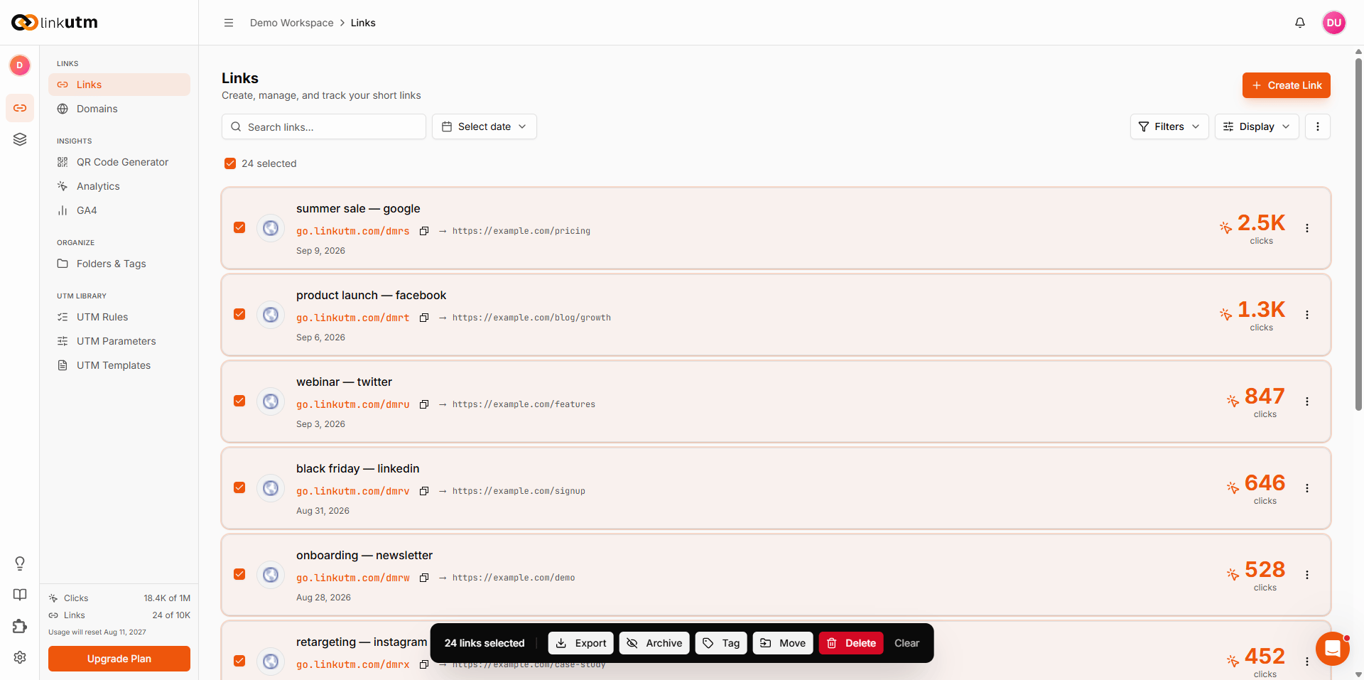 Links dashboard with all links selected - bulk action bar showing Export, Archive, Tag, Move, and Delete buttons