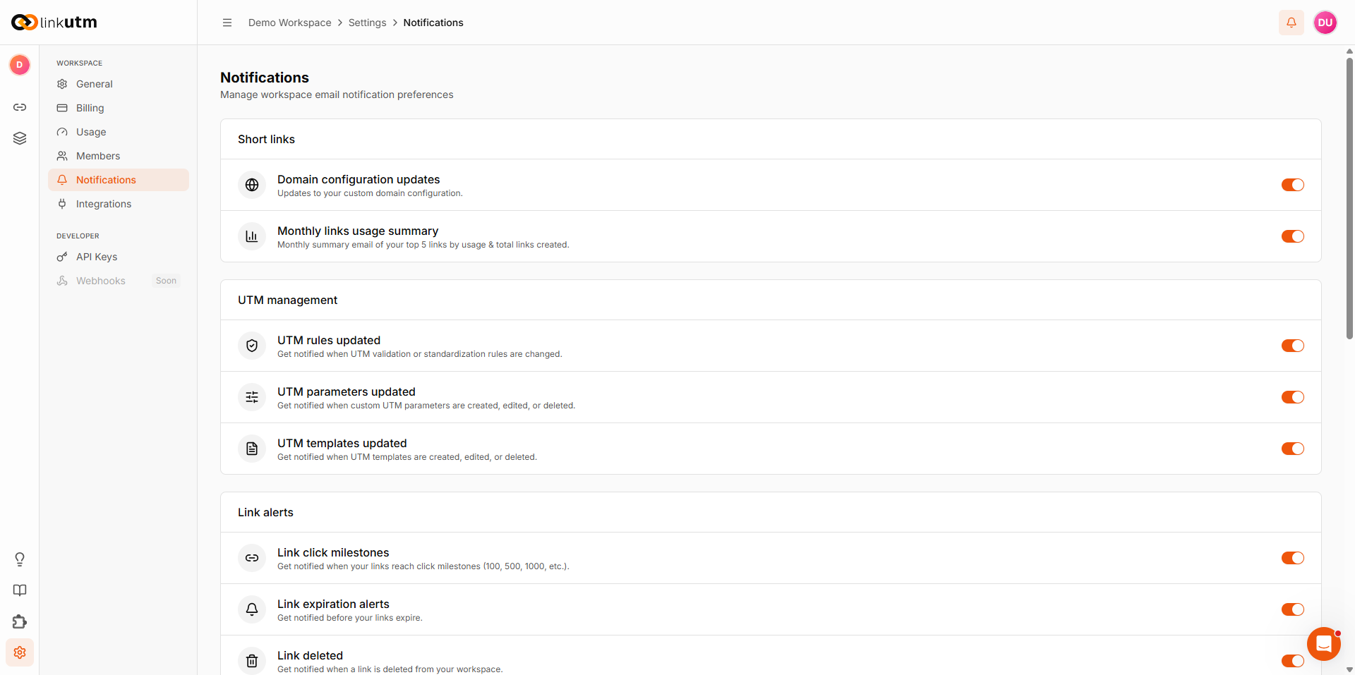 Notification settings - Short links, Link alerts, and Team members sections each with ON/OFF toggles per event type