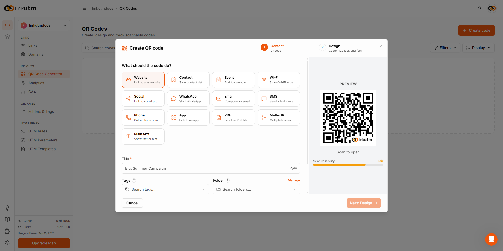 Create QR code Step 1 Content - content type grid (Website, Contact, Event, Wi-Fi, Social, WhatsApp, Email, SMS, Phone, App, PDF, Multi-URL, Plain text), Title field, Tags and Folder pickers, live preview with scan reliability meter