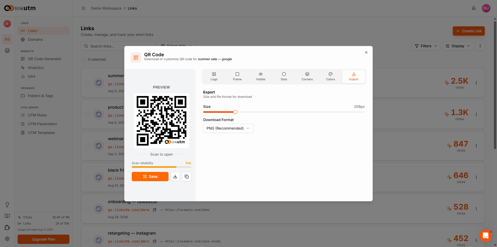 Export tab: download size slider and file format dropdown with PNG, SVG, and JPEG options