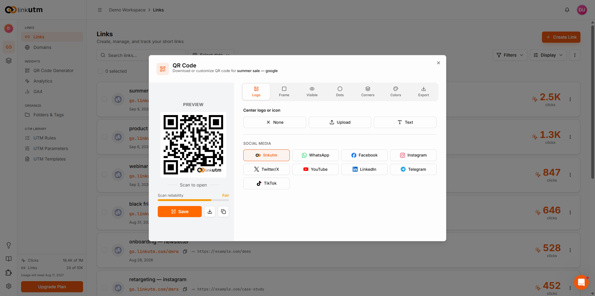 Logo tab: Upload, Text, and social media preset options for the QR center