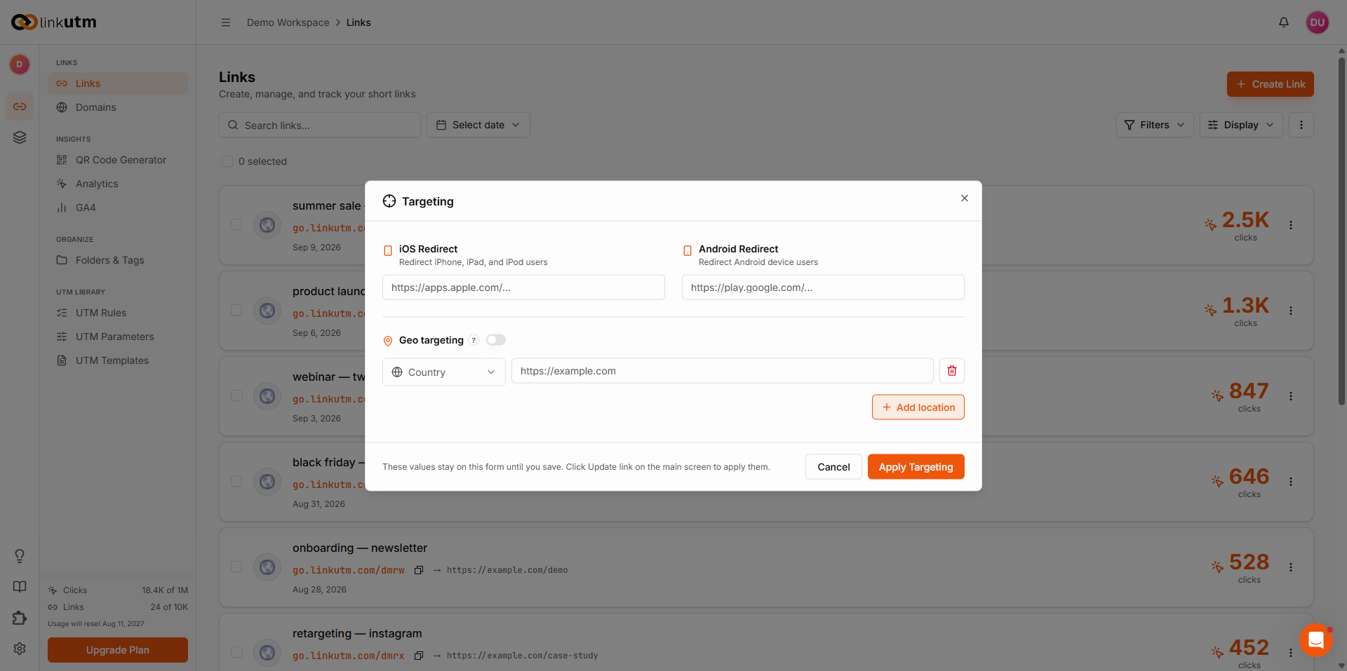 Targeting panel - iOS Redirect and Android Redirect URL fields and a Geo targeting toggle with per-country destinations