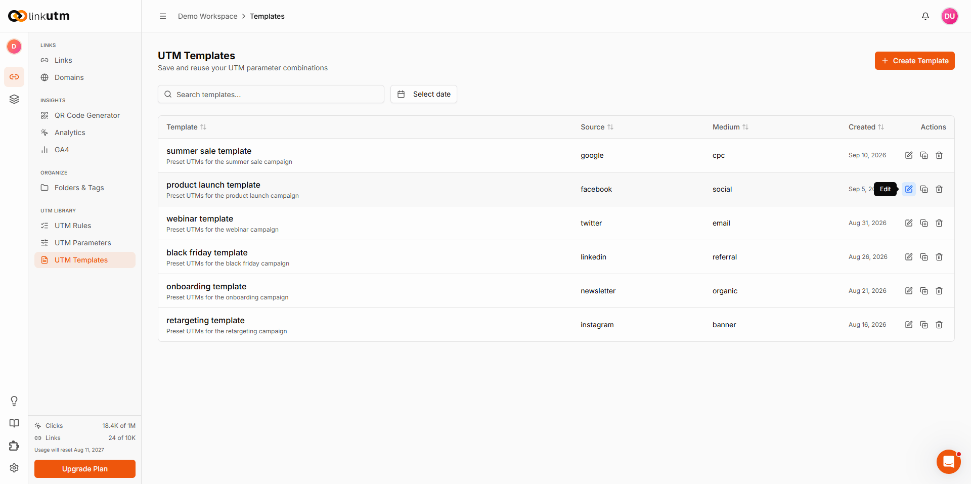 UTM Templates - template row with Edit, Duplicate, and Delete action buttons visible