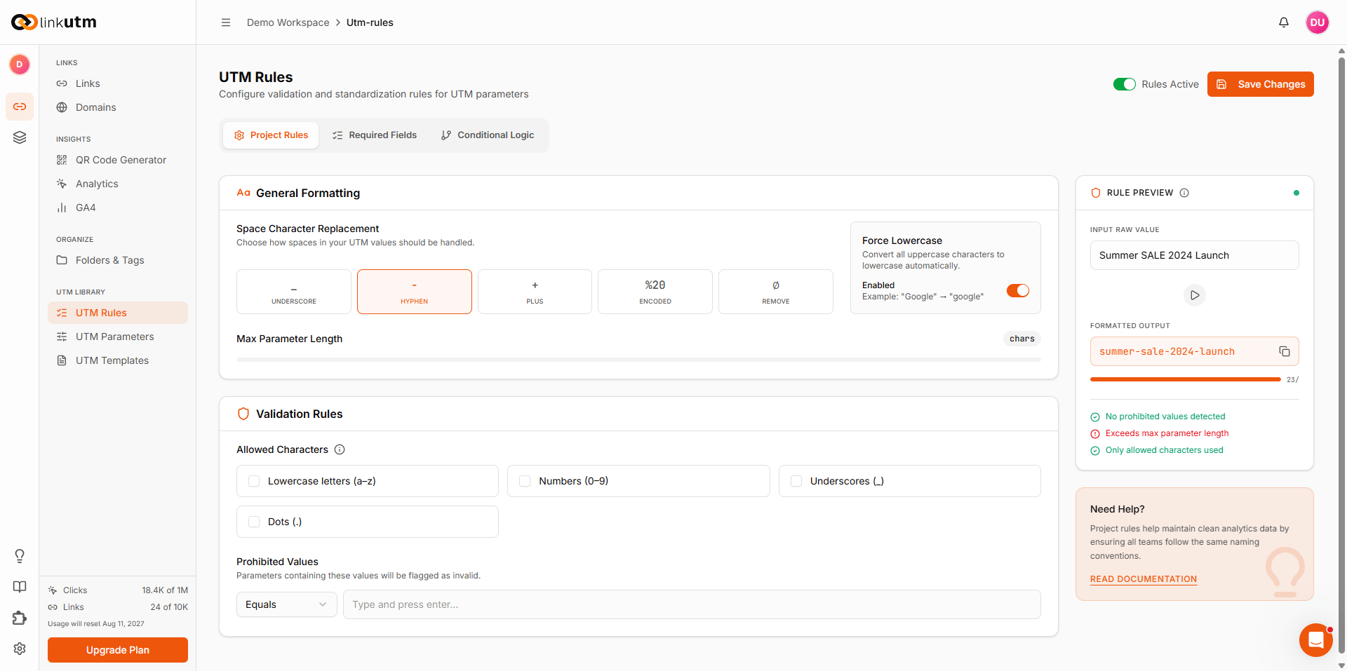 UTM Rules page - General Formatting with Space Character Replacement, Force Lowercase toggle, and Max Parameter Length; Validation Rules with Allowed Characters and Prohibited Values; Project Rules, Required Fields, and Conditional Logic tabs; and a live Rule Preview