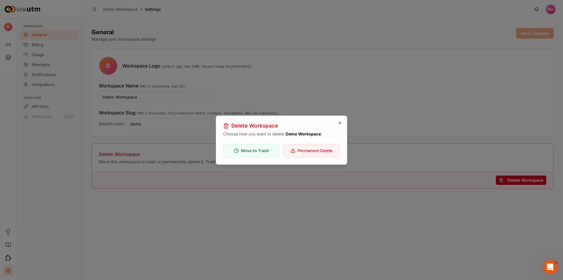 Delete workspace panel showing soft delete and permanent delete options