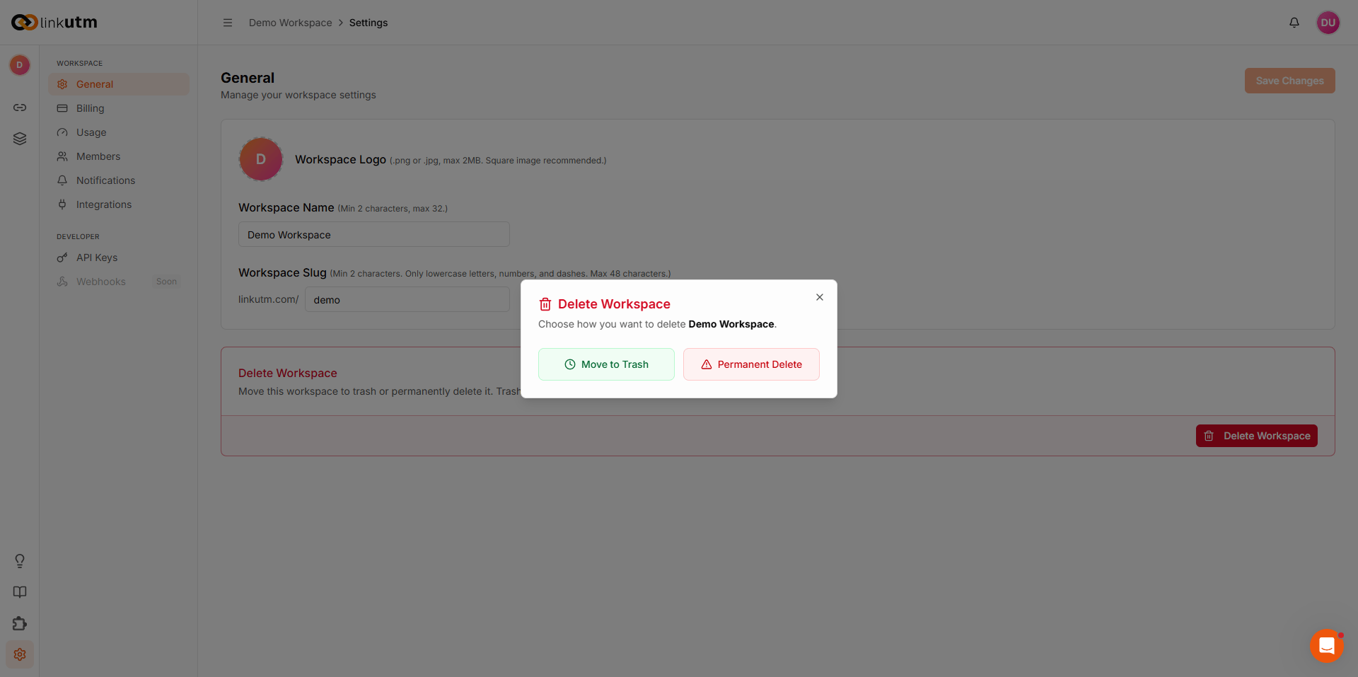 Delete workspace panel showing soft delete and permanent delete options