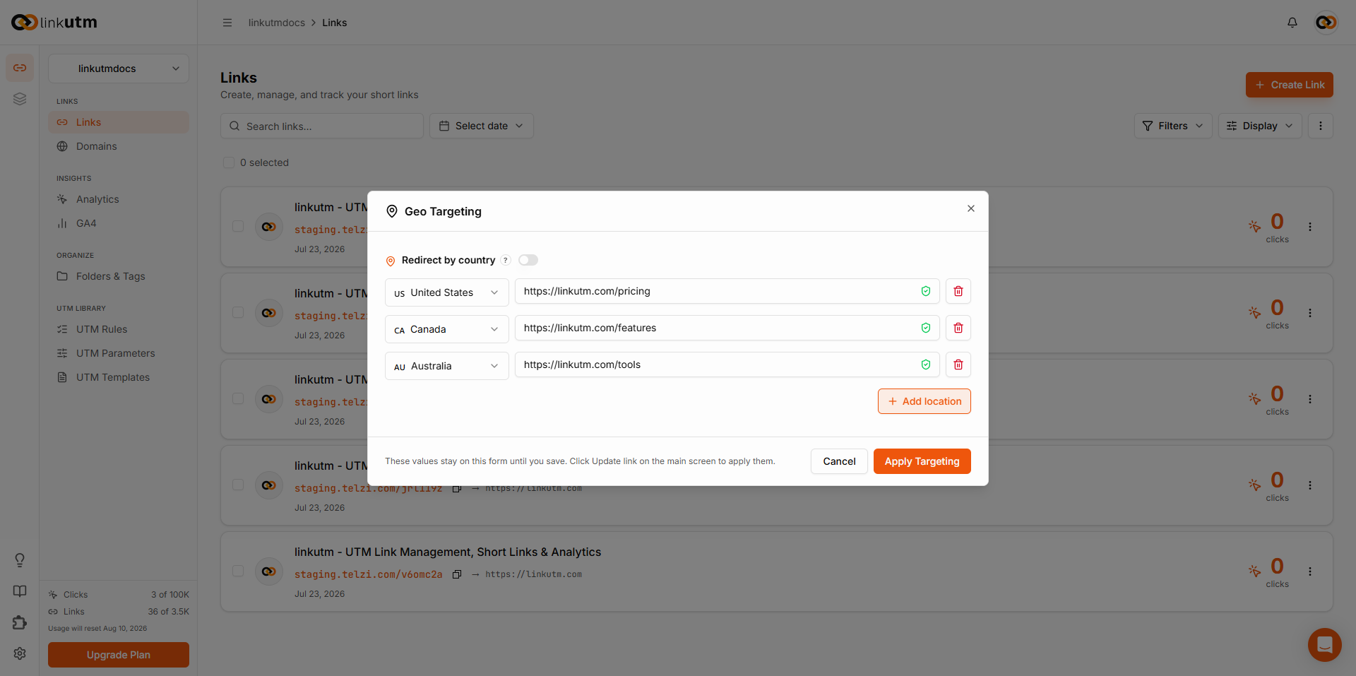 Geo targeting panel showing country dropdown and destination URL fields for United States, Canada, and Australia