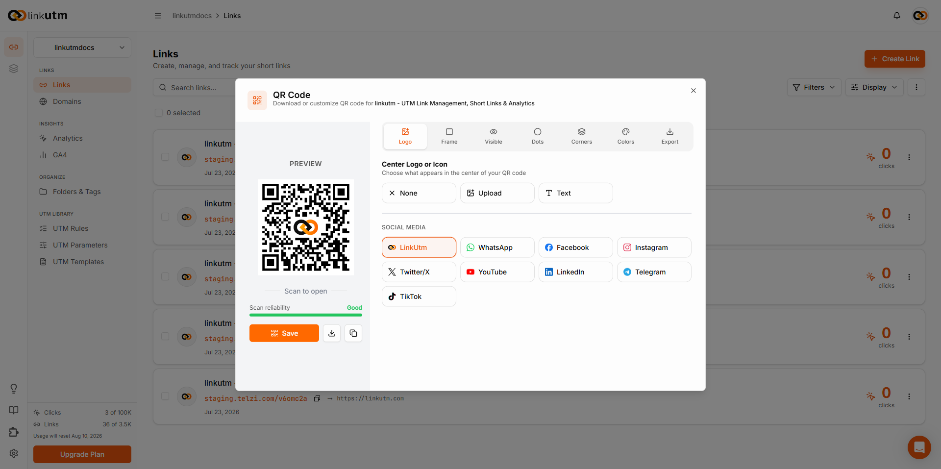 Logo tab — Upload, Text, and social media preset options for the QR center