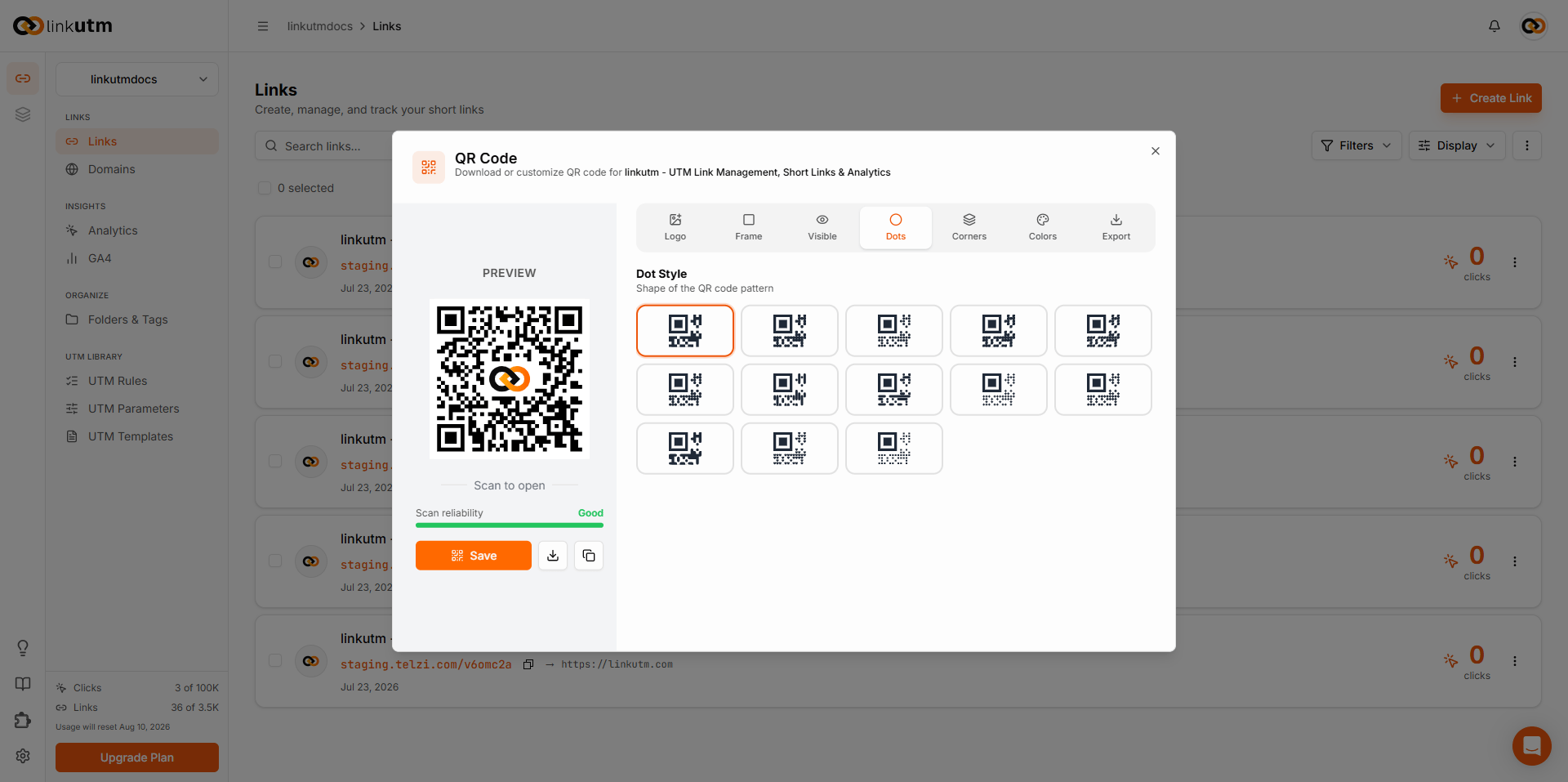 Dots tab — 11 dot pattern shape options for the QR body