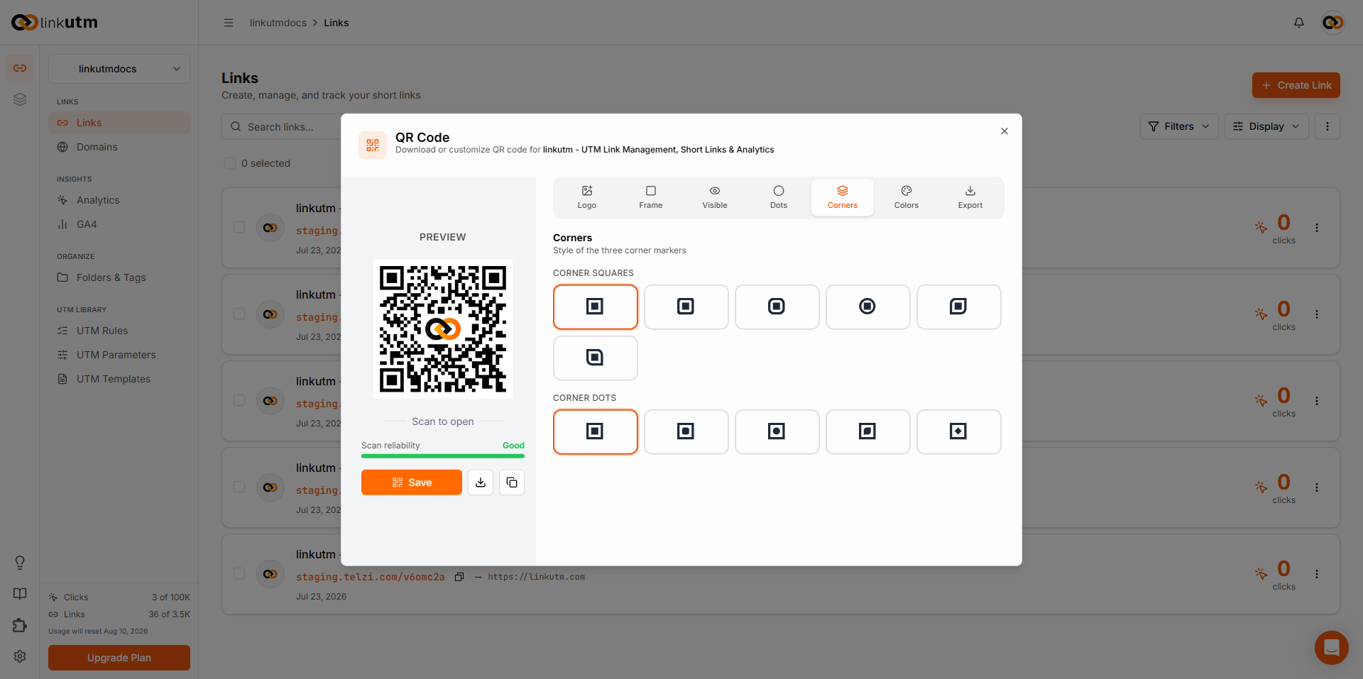 Corners tab — corner square styles and corner dot styles