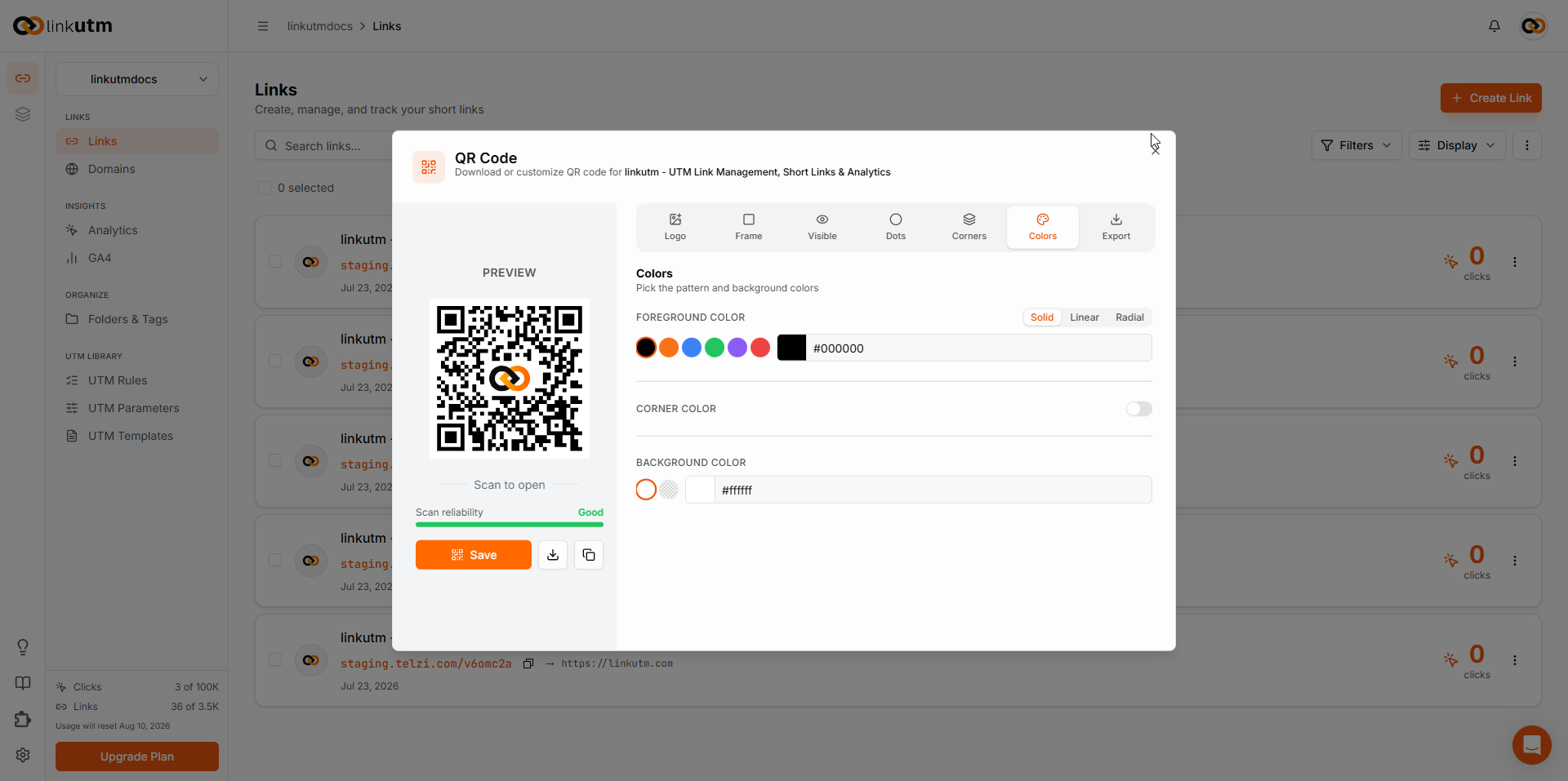 Colors tab — foreground color picker with solid, linear, and radial modes; corner color toggle; background color picker