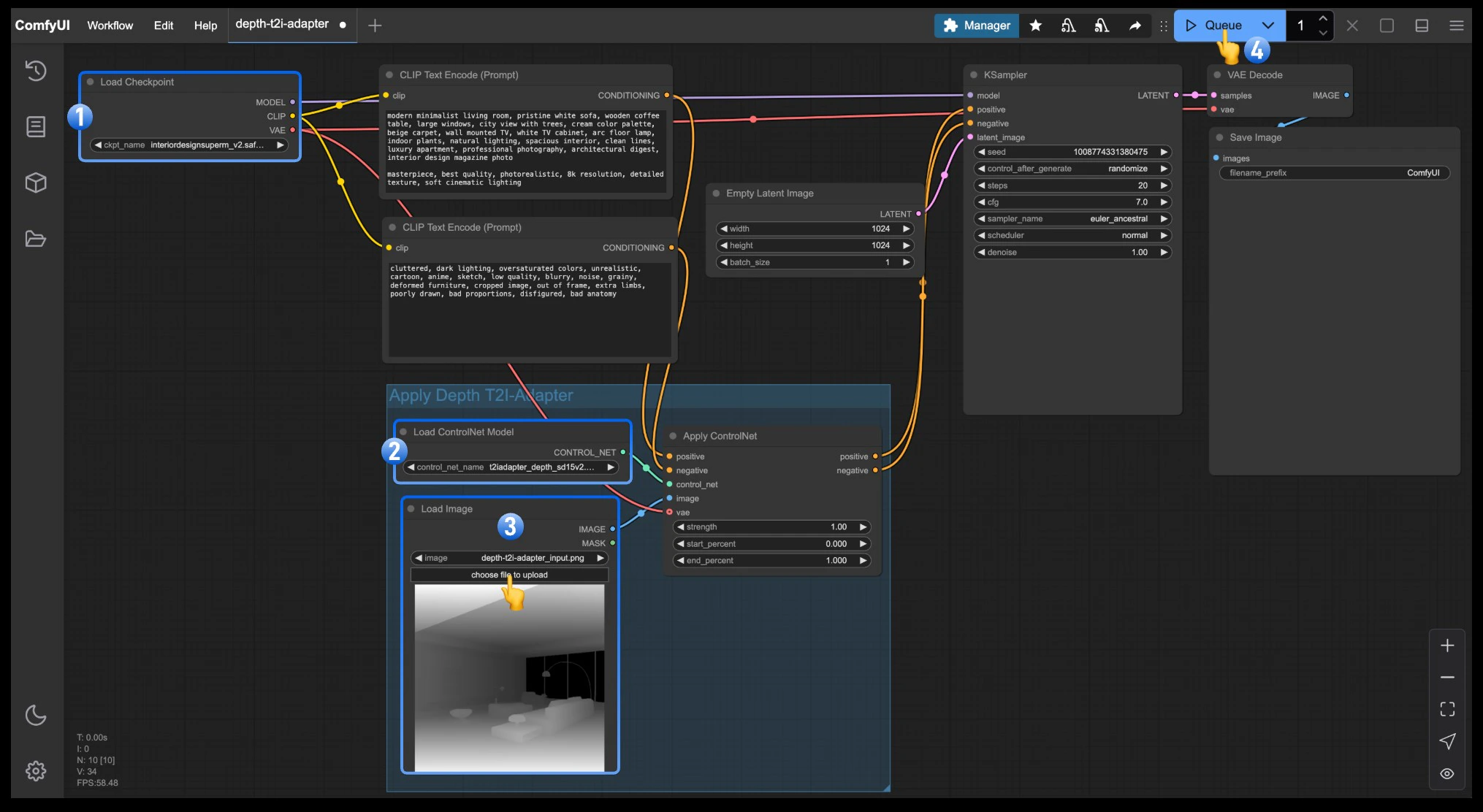 ComfyUI Workflow - Depth T2I Adapter Flow Diagram