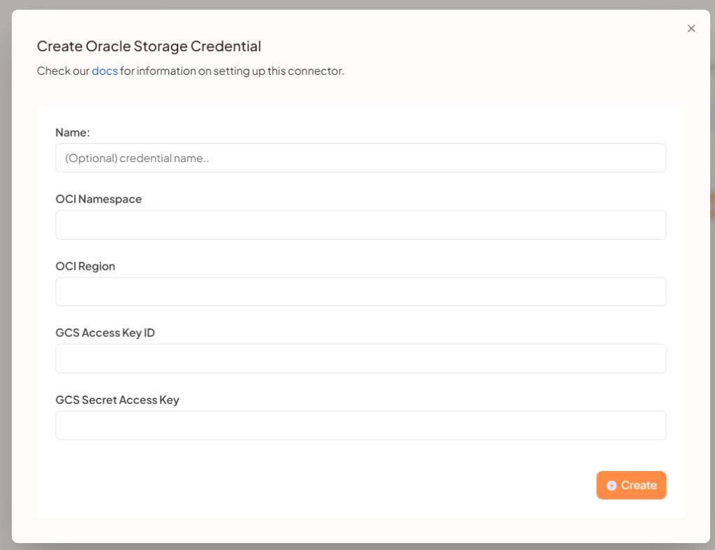 Create Oracle Storage Credential modal