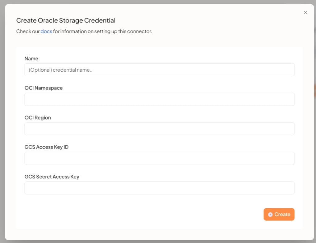 Create Oracle Storage Credential modal
