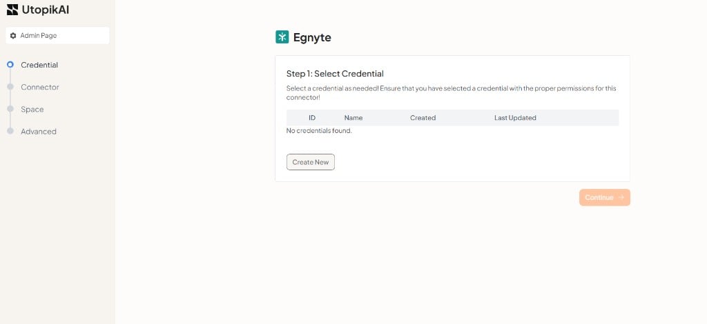 Step 1: Select Credential for Egnyte in the UtopikAI Admin panel