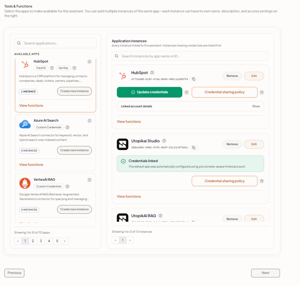 Tool instances on an assistant — Update credentials and Credential sharing policy