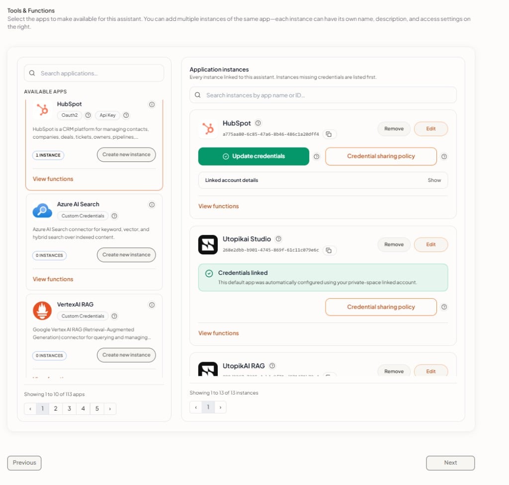 Tool instances on an assistant — Update credentials and Credential sharing policy
