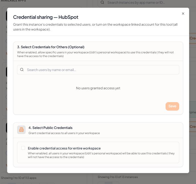 Tool sharing policy — share with specific users or the entire Workspace
