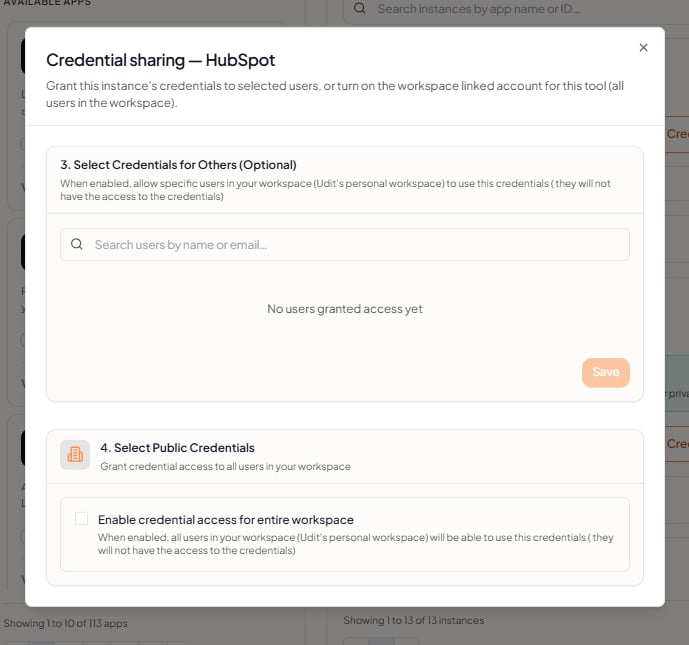 Tool sharing policy — share with specific users or the entire Workspace