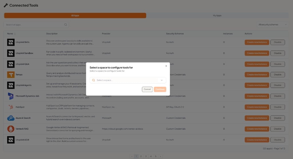 Select a space to configure tools for