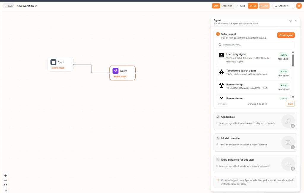 Agent node on the canvas