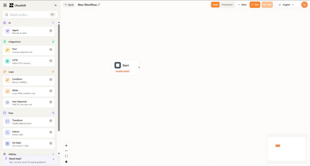 Workflow editor with Start node