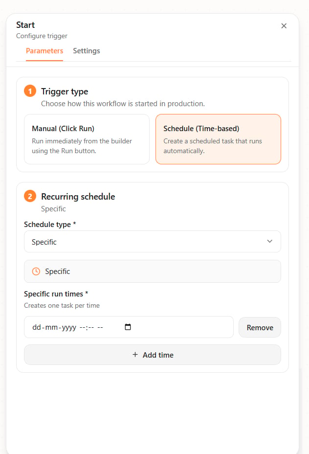 Start node — Specific run times