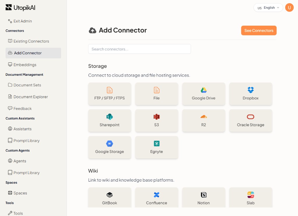 Add Connector page in the UtopikAI Admin panel