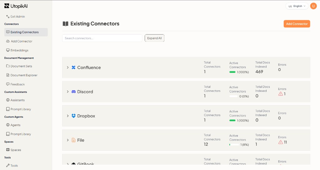 Existing Connectors page in the UtopikAI Admin panel