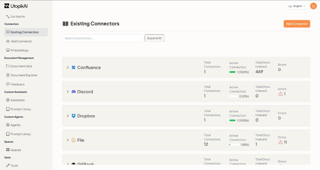 Existing Connectors page in the UtopikAI Admin panel