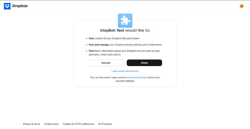 Dropbox authorization screen