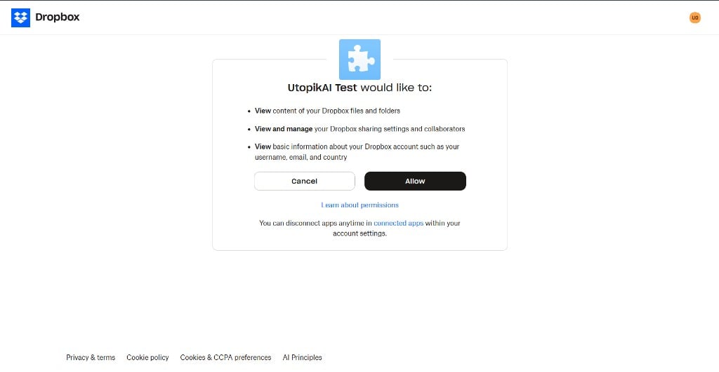 Dropbox authorization screen