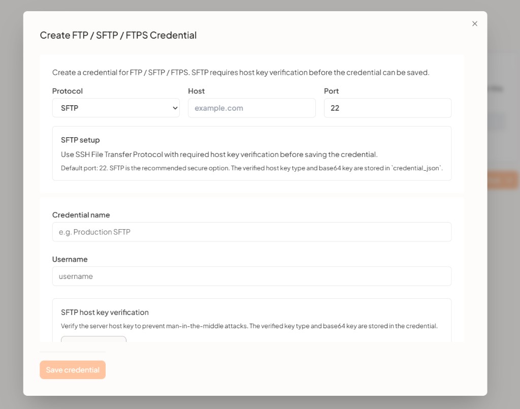 Create FTP / SFTP / FTPS credential
