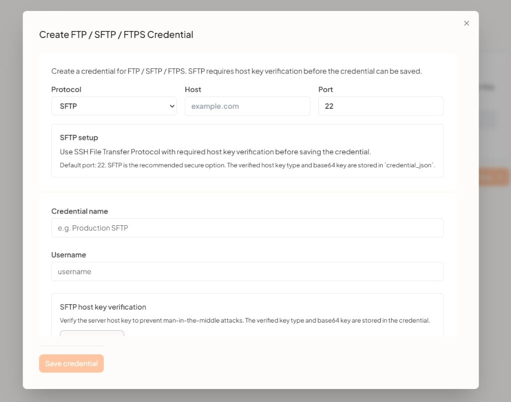 Create FTP / SFTP / FTPS credential