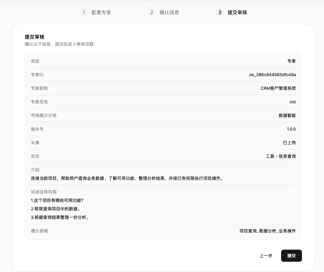 WorkBuddy 提交审核页面：展示专家完整信息和提交按钮