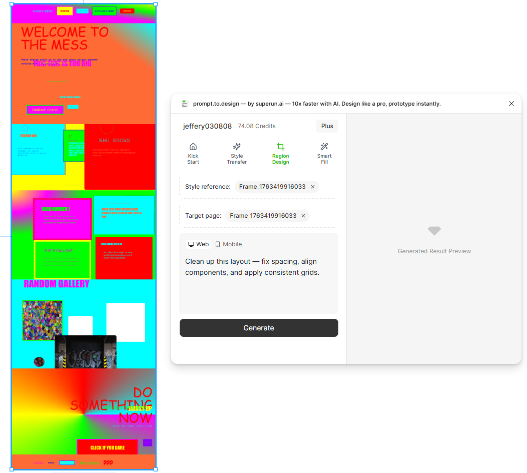 Messy layout selected with cleanup prompt
