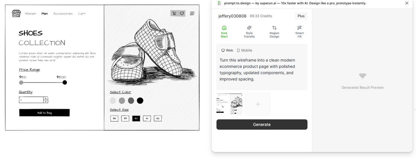 Wireframe selected with prompt entered